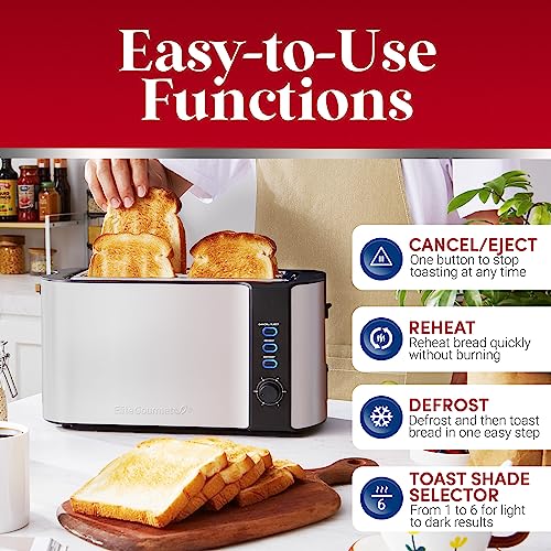 Elite Gourmand ECT-3100 Lengthy Slot 4-Slice Toaster with Reheat, 6 Toast Settings, Defrost, Cancel Features, Constructed-In Warming Rack, Further Huge Slots for Bagels and Waffles,...