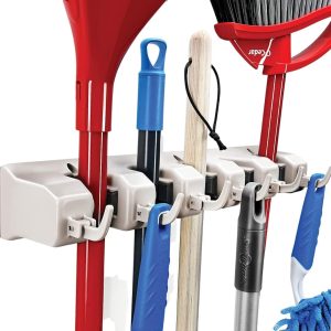 House-it Wall-Mounted Mop and Broom Holder – 5-Place Backyard Device Storage Rack for Organizing Closets and Garages