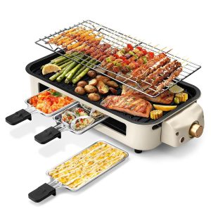 Pukomc 2-in-1 Electrical Indoor Grill for Kitchen with Non-Stick Detachable Cooking Plate, Grill Internet, Temperature Management, and Dishwasher Protected Options – 1500W Smokeless Grill