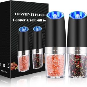 Candy Alice Electrical Pepper and Salt Grinder Set – Battery-Powered, Adjustable Coarseness, One-Handed Automated Operation with LED Gentle, Black Stainless Metal, 2-Pack