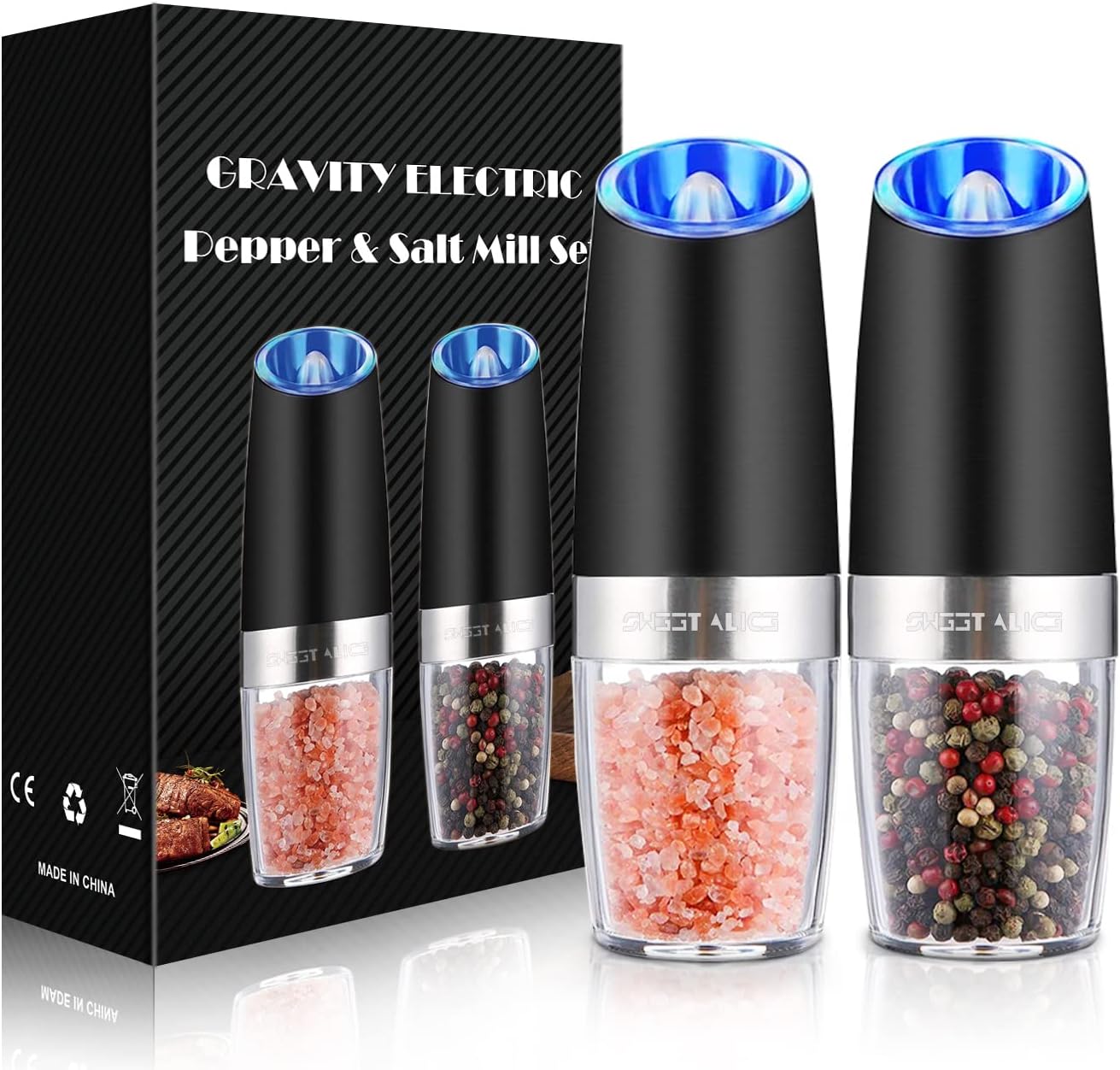 Candy Alice Electrical Pepper and Salt Grinder Set – Battery-Powered, Adjustable Coarseness, One-Handed Automated Operation with LED Gentle, Black Stainless Metal, 2-Pack