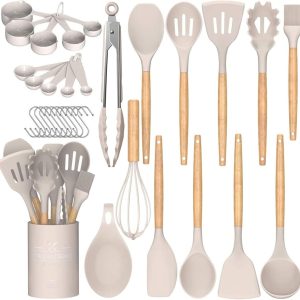 Umite Chef 33-Piece Non-Stick Silicone Cooking Utensils Set with Holder, That includes Wood Handles and Khaki Silicone Kitchen Devices