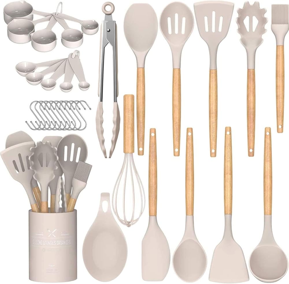 Umite Chef 33-Piece Non-Stick Silicone Cooking Utensils Set with Holder, That includes Wood Handles and Khaki Silicone Kitchen Devices